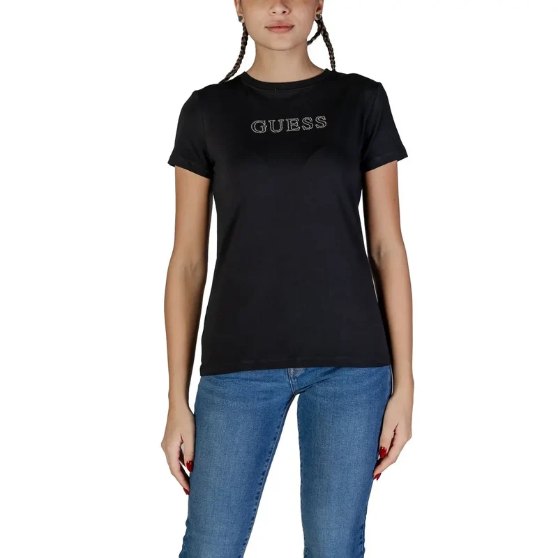 Guess Active Damen Frühling Sommer Strass Rundhalsausschnitt T Shirt Schwarz