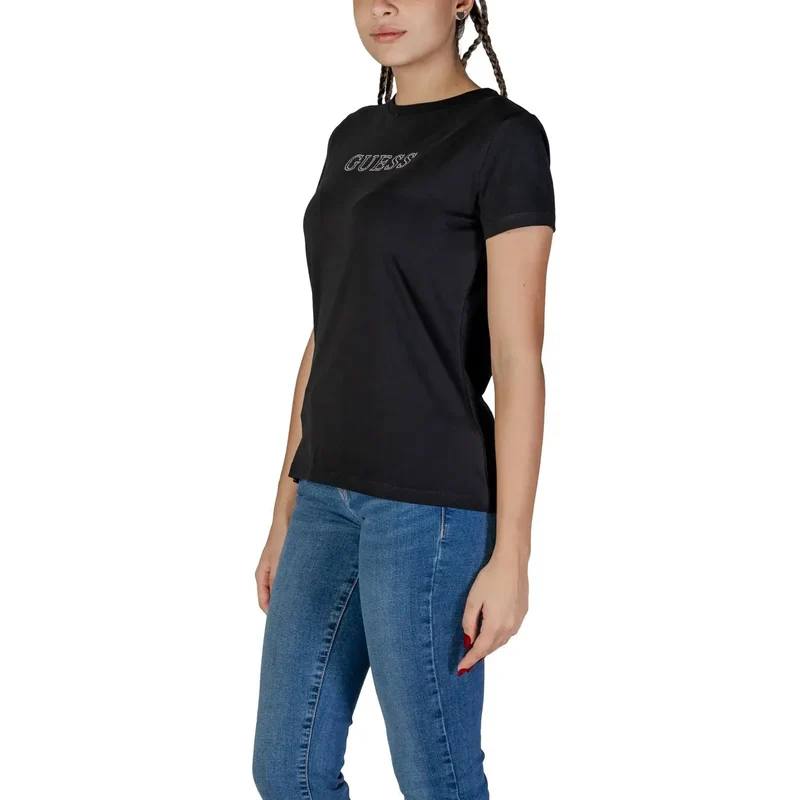 Guess Active Damen Frühling Sommer Strass Rundhalsausschnitt T Shirt Schwarz