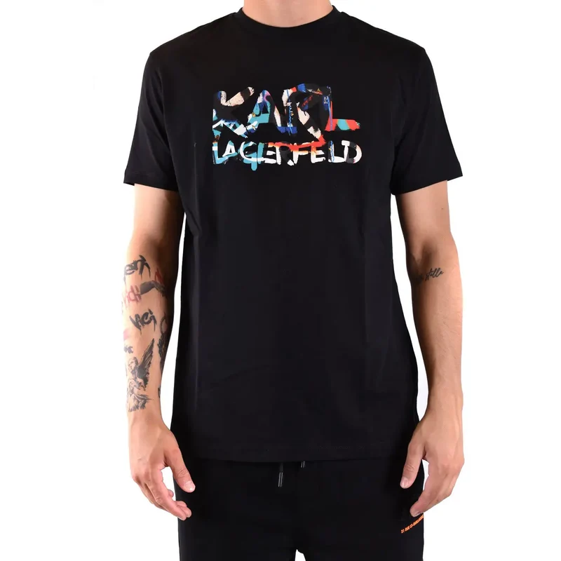 Karl Lagerfeld Herren Baumwoll-T-Shirt Schwarz mit Print Rundhals