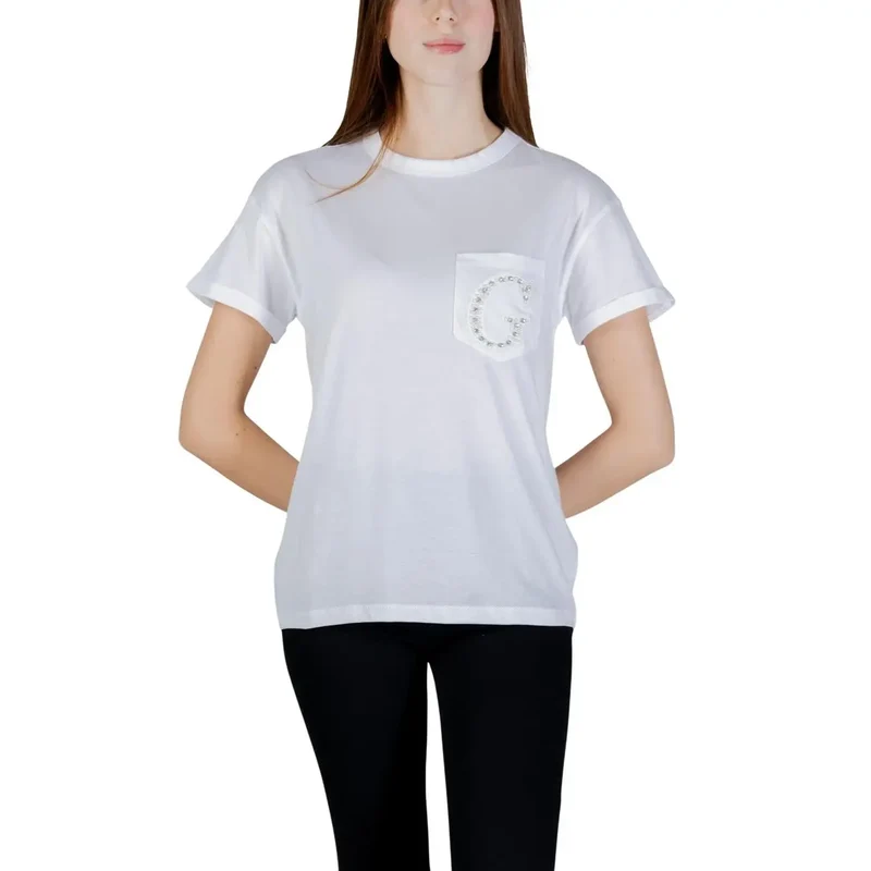 Guess Damen Baumwoll Rundhalsausschnitt T-Shirt Weiß