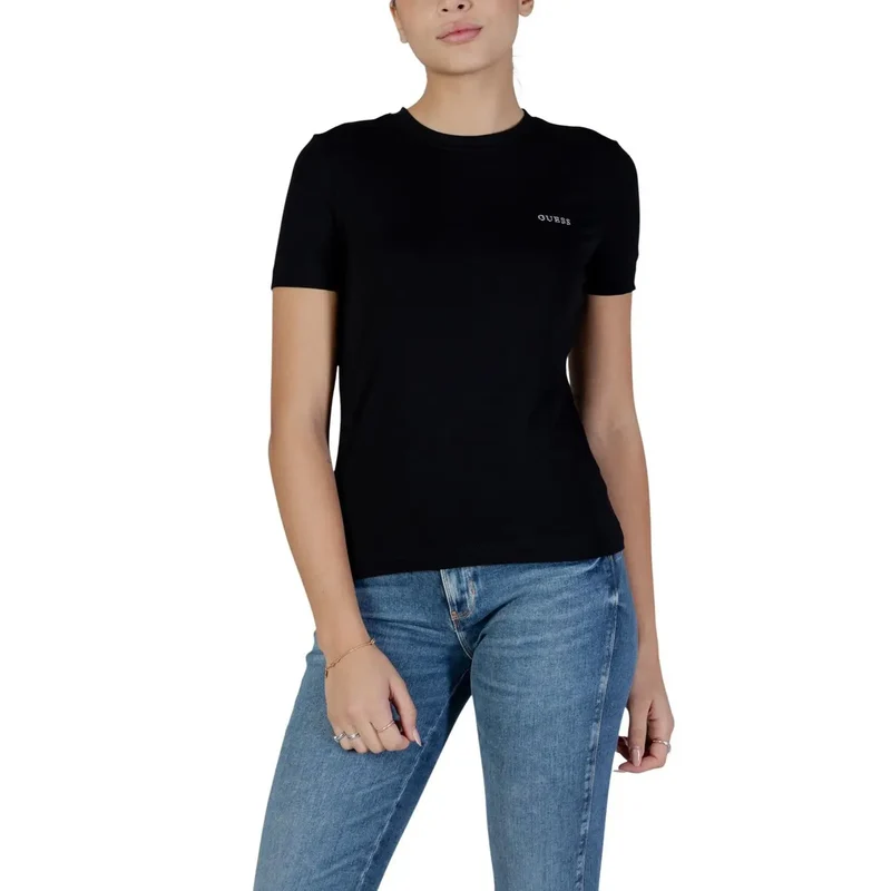 Guess Active Damen Schwarzes Baumwoll-Rundhals-Kurzarm-T-Shirt