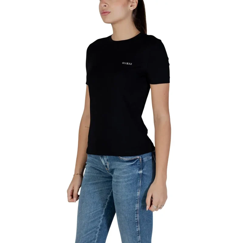Guess Active Damen Schwarzes Baumwoll-Rundhals-Kurzarm-T-Shirt