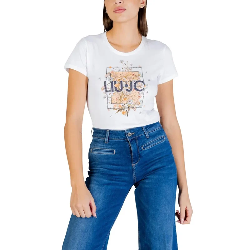 Liu Jo Damen T-Shirt mit weißem Baumwoll-Jersey, Rundhalsausschnitt und kurzem Ärmel