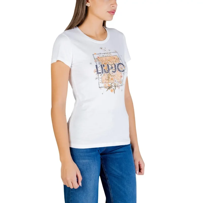 Liu Jo Damen T-Shirt mit weißem Baumwoll-Jersey, Rundhalsausschnitt und kurzem Ärmel