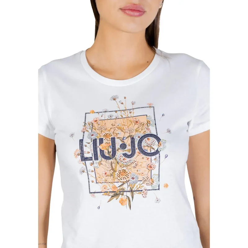 Liu Jo Damen T-Shirt mit weißem Baumwoll-Jersey, Rundhalsausschnitt und kurzem Ärmel