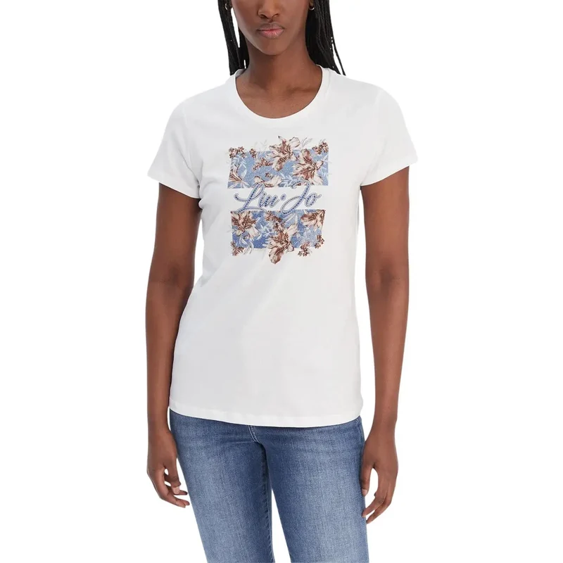 Liu Jo Damen T-Shirt mit weißem Baumwoll-Jersey, Rundhalsausschnitt und kurzem Ärmel