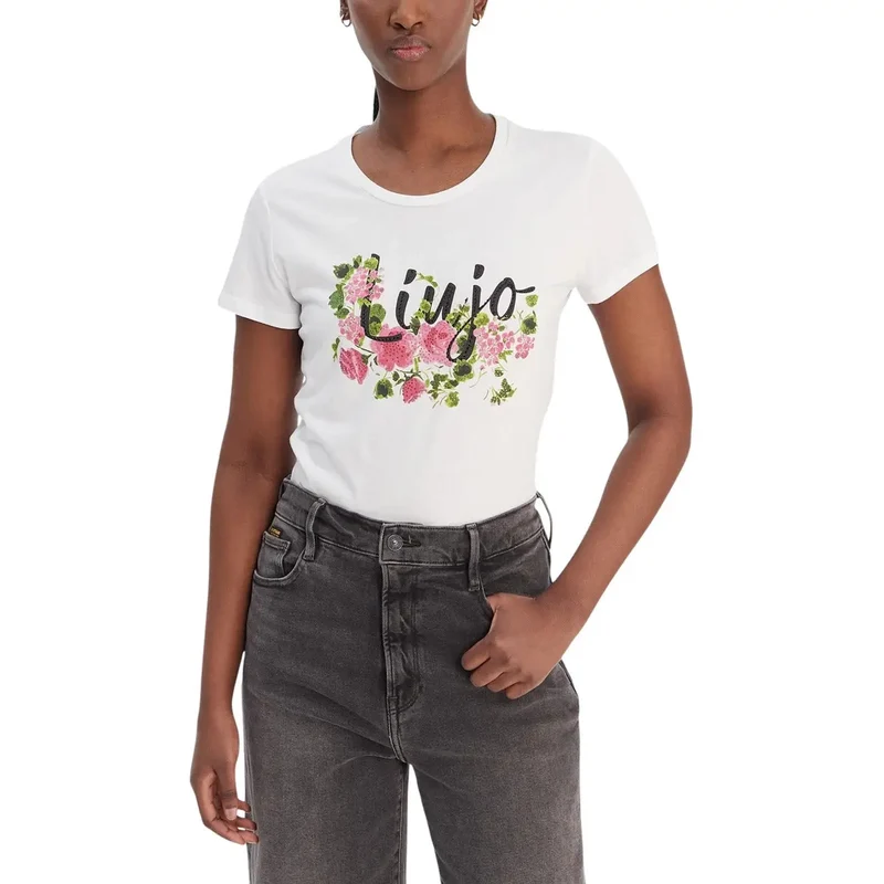 Liu Jo Damen T-Shirt mit weißem Baumwoll-Jersey, Rundhalsausschnitt und kurzem Ärmel