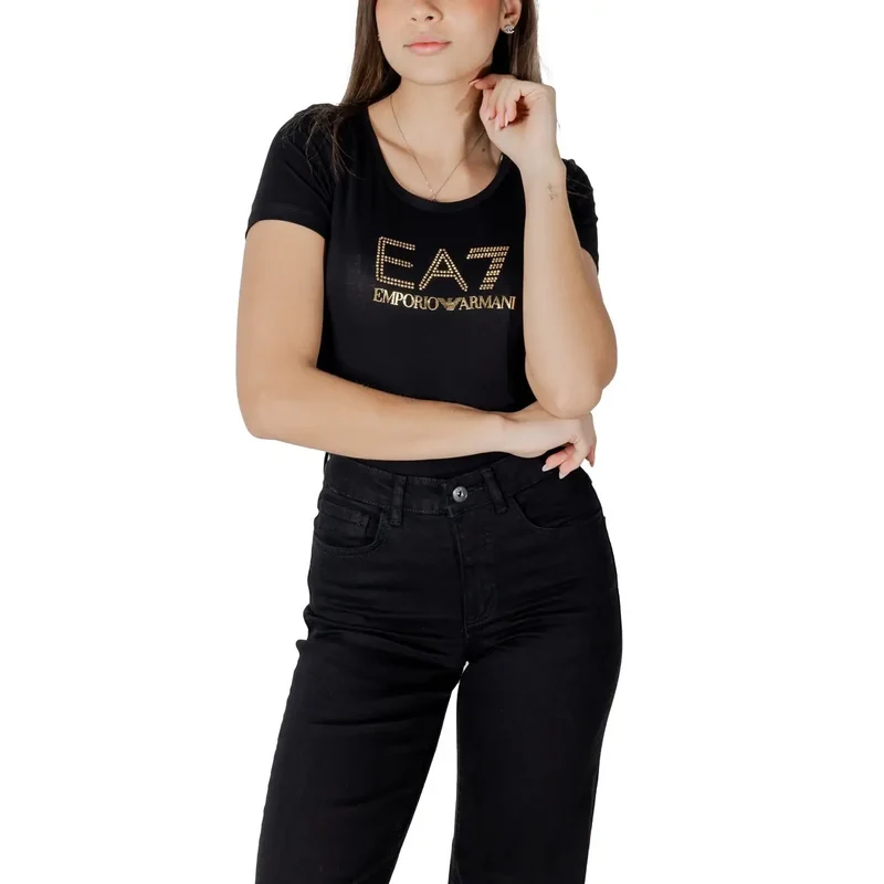 EA7 Damen Baumwolle-Mooblond Modal Rundhalsausschnitt Kurzarm-T-Shirt Schwarz