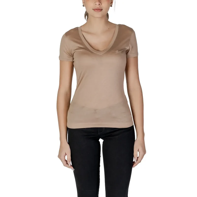 Guess Damen Beige V-Ausschnitt Lyocell T-Shirt Kurzarm