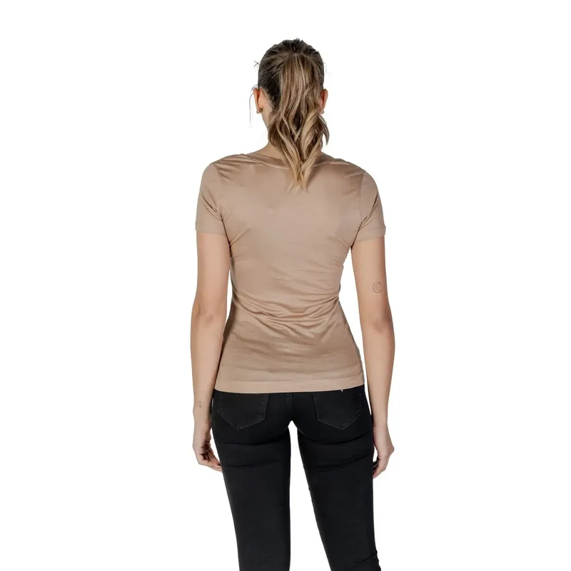 Guess Damen Beige V-Ausschnitt Lyocell T-Shirt Kurzarm