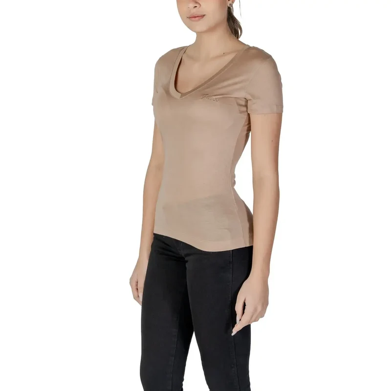 Guess Damen Beige V-Ausschnitt Lyocell T-Shirt Kurzarm