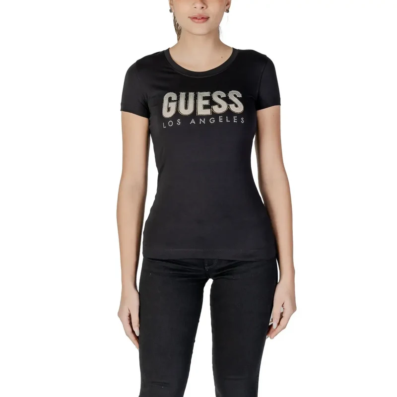 Guess Damen T-Shirt aus schwarzem Baumwollstoff mit Rundhalsausschnitt und Strassbesatz