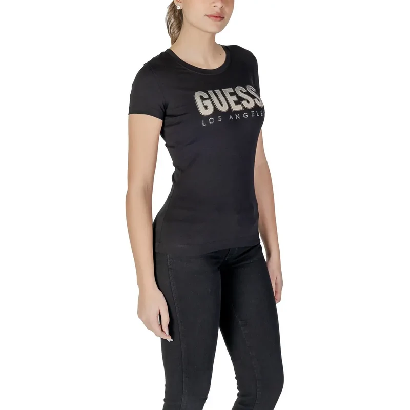 Guess Damen T-Shirt aus schwarzem Baumwollstoff mit Rundhalsausschnitt und Strassbesatz