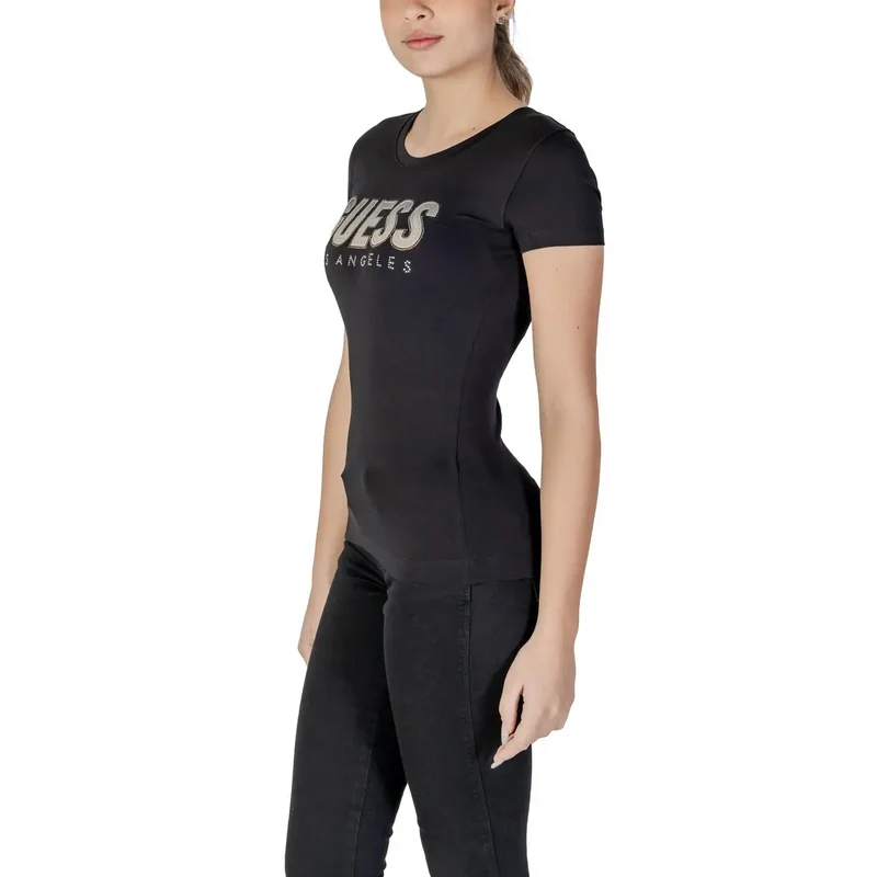 Guess Damen T-Shirt aus schwarzem Baumwollstoff mit Rundhalsausschnitt und Strassbesatz