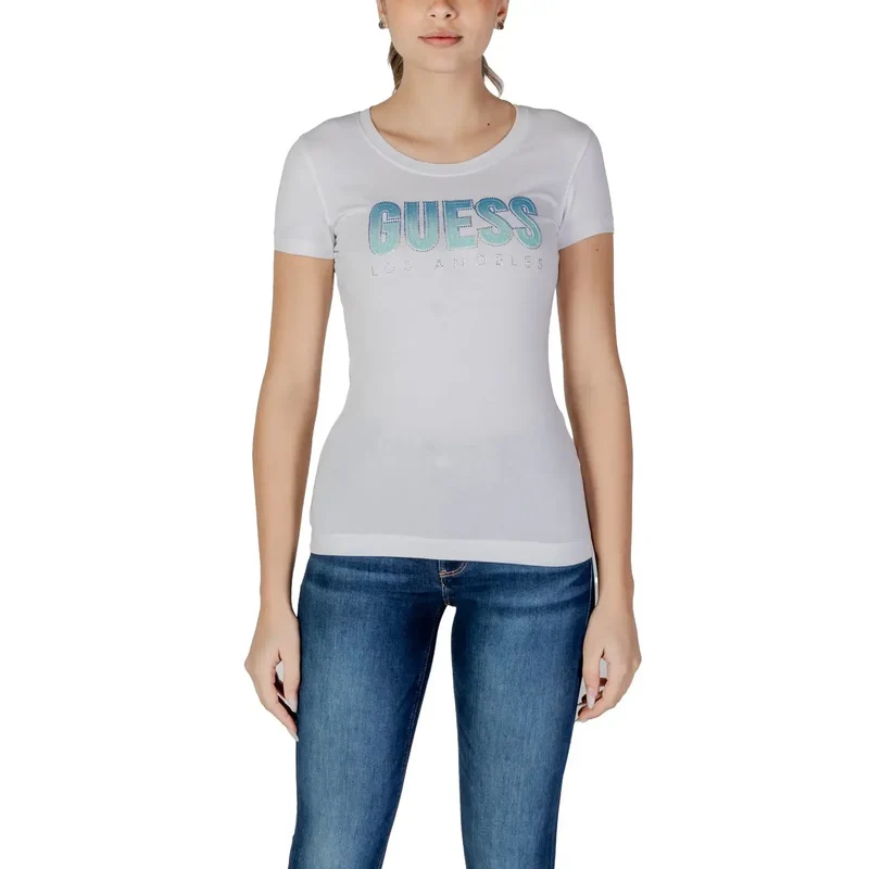 Guess Damen T-Shirt aus schwarzem Baumwollstoff mit Rundhalsausschnitt und Strassbesatz