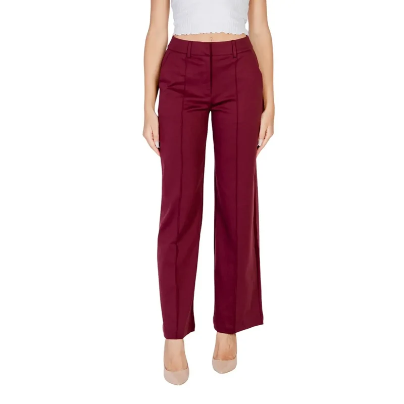 Damen Bordeauxfarbene Hose mit Reißverschluss, Ösenhaken und Knopf aus Polyester und Viskose