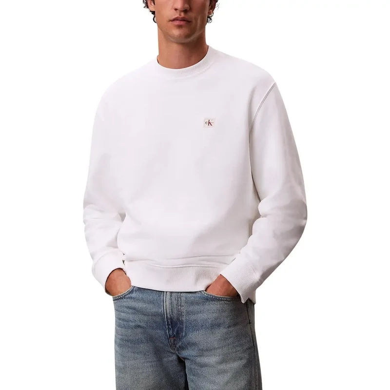 Calvin Klein Jeans Herren Rundhalsausschnitt Weißer Baumwoll-Sweatshirt