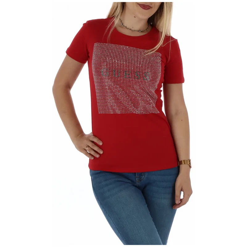Guess Frauen um ein rotes Rundhals-T-Shirt aus Baumwolle mit kurzen Ärmeln