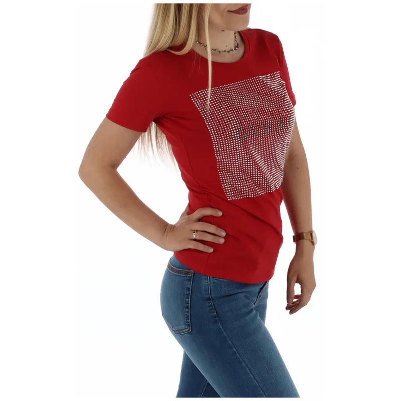 Guess Frauen um ein rotes Rundhals-T-Shirt aus Baumwolle mit kurzen Ärmeln