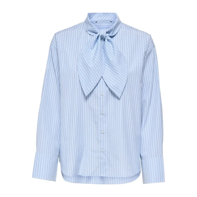 Only Damen Gestreiftes Langarm-Klassik-Shirt Aus Baumwolle Hellblau