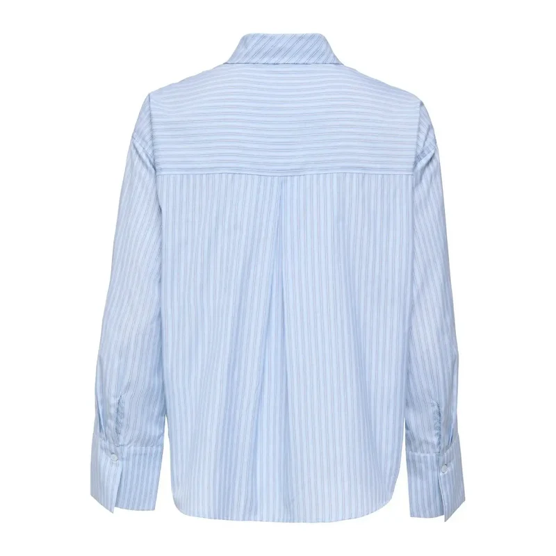 Only Damen Gestreiftes Langarm-Klassik-Shirt Aus Baumwolle Hellblau