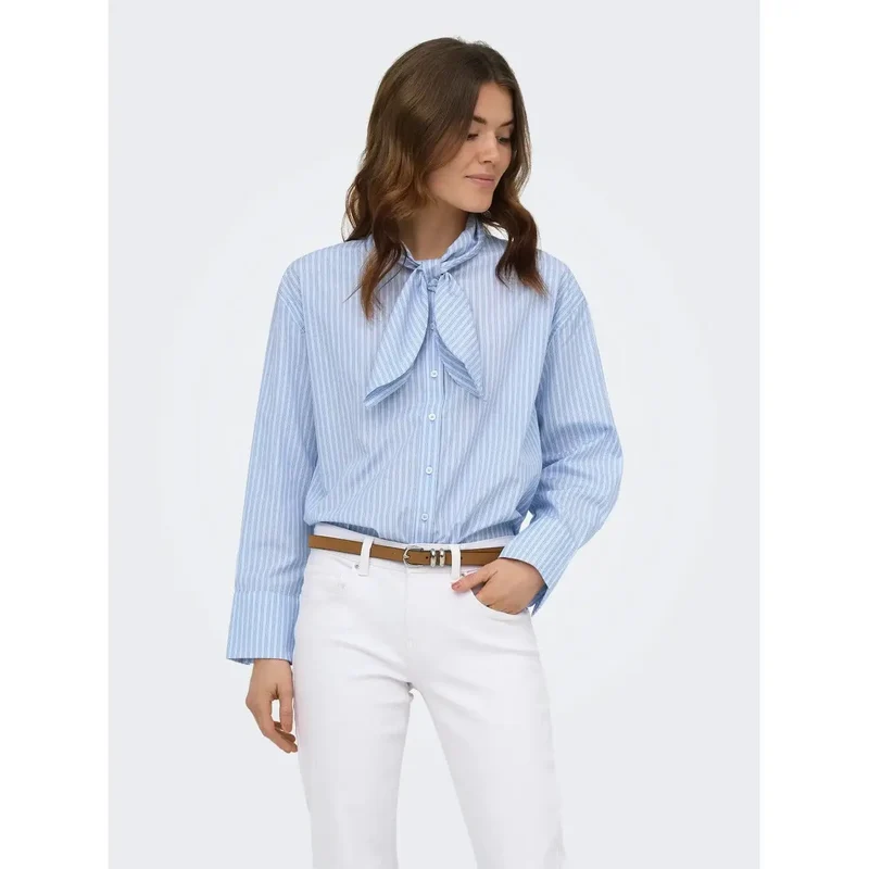 Only Damen Gestreiftes Langarm-Klassik-Shirt Aus Baumwolle Hellblau