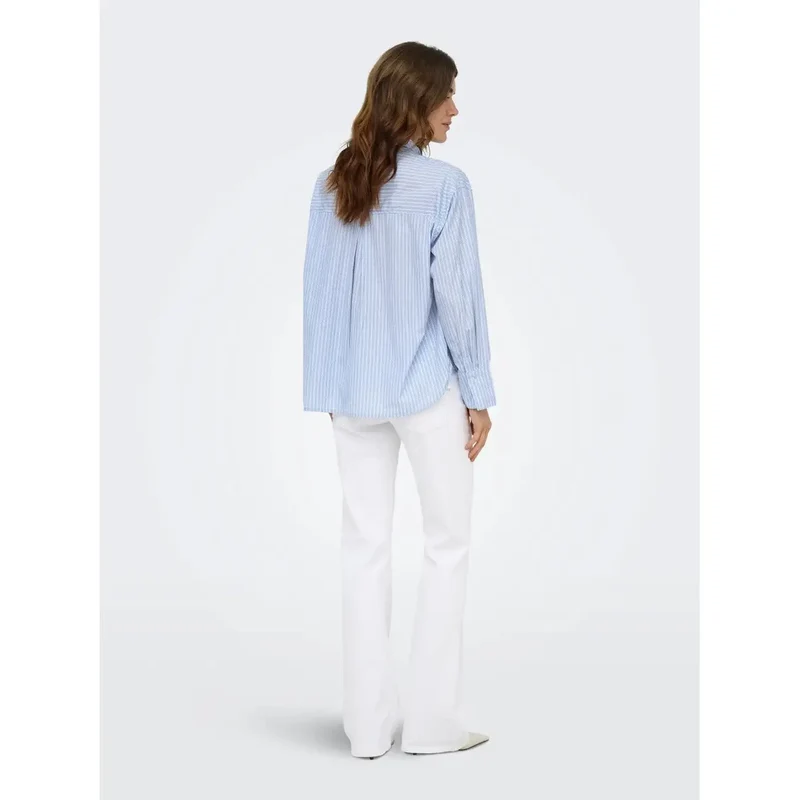 Only Damen Gestreiftes Langarm-Klassik-Shirt Aus Baumwolle Hellblau