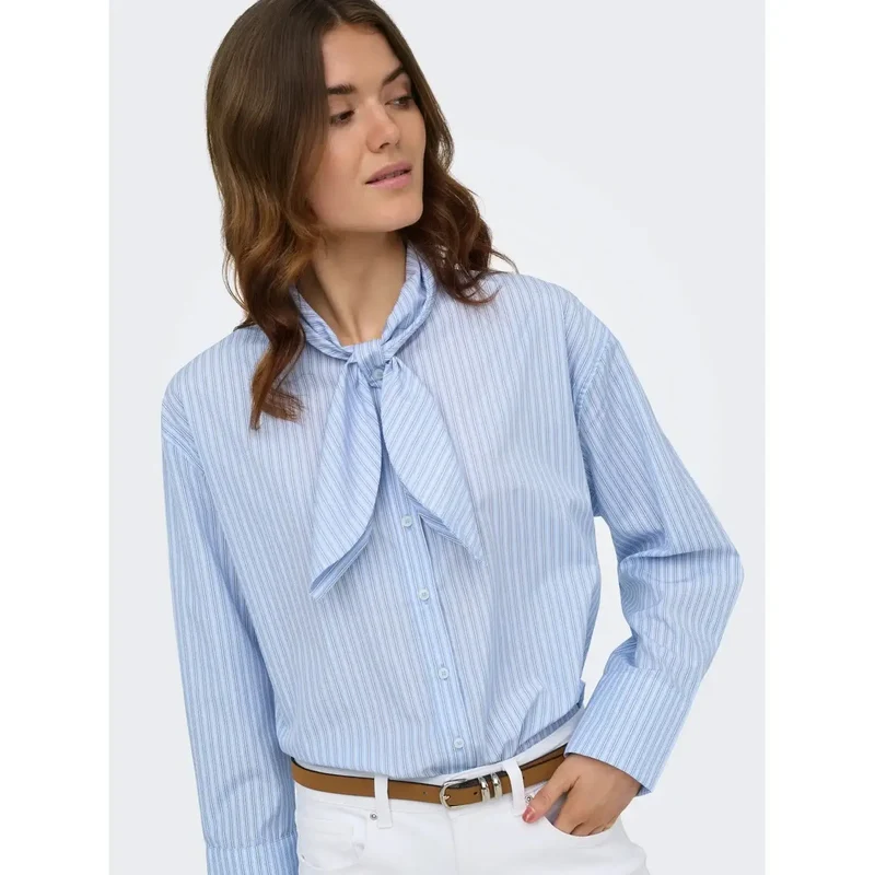 Only Damen Gestreiftes Langarm-Klassik-Shirt Aus Baumwolle Hellblau