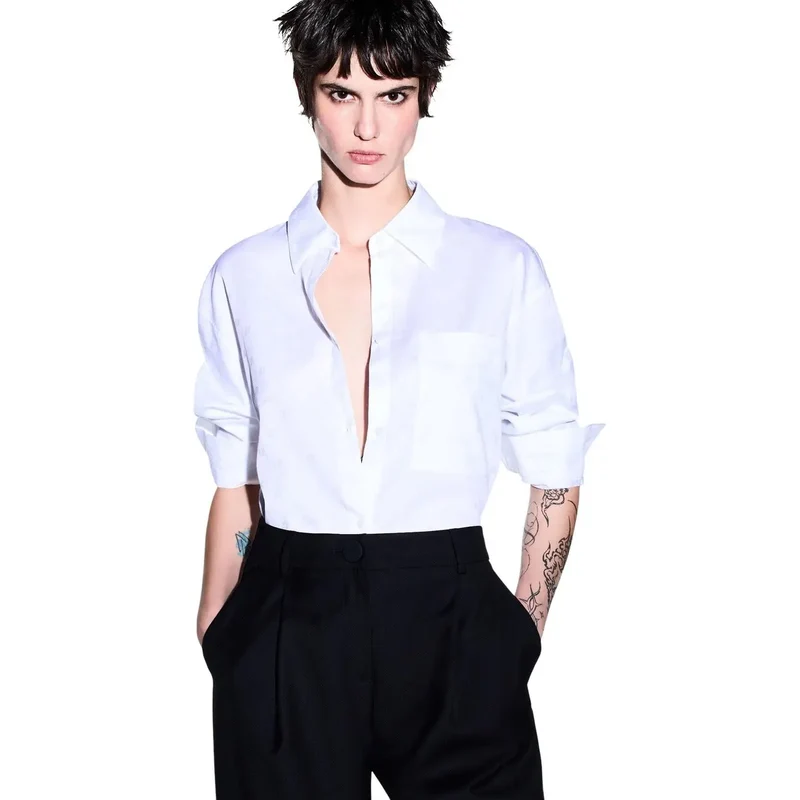 Armani Exchange Damen Weiße Lange Klassische Baumwollbluse