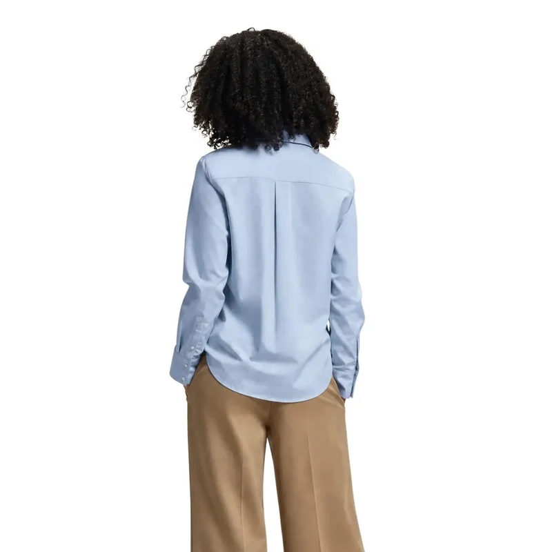 Only Damen Hellblaues Baumwoll-Poloshirt mit langen Ärmeln, mit Perlendetails