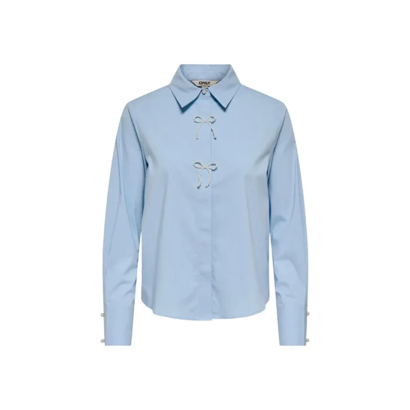 Only Damen Hellblaues Baumwoll-Poloshirt mit langen Ärmeln, mit Perlendetails