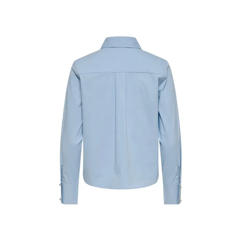 Only Damen Hellblaues Baumwoll-Poloshirt mit langen Ärmeln, mit Perlendetails