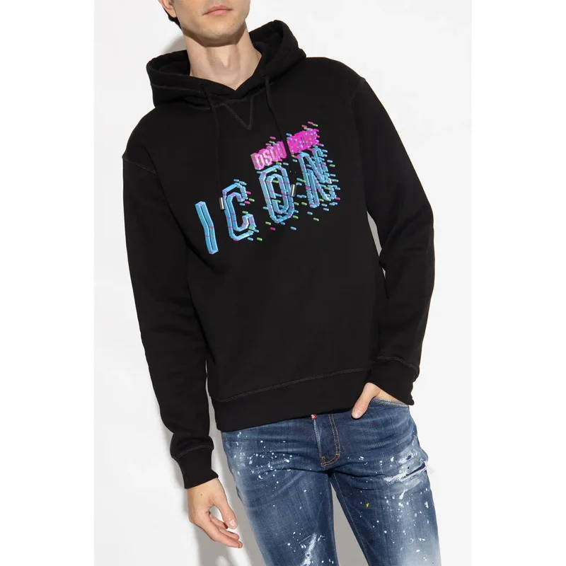Schwarzes Sweatshirt mit Kapuze und bunter ICON Grafik