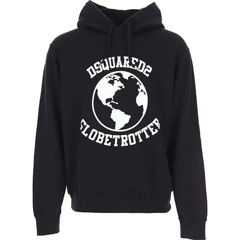 Herren-Sweatshirt mit Kapuze aus schwarzem Baumwollstoff mit Druck von Dsquared