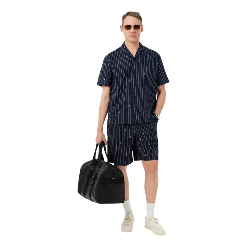 Lacoste Herrenhemd Schwarz Gestreift Baumwolle Kurze Ärmel V-Ausschnitt