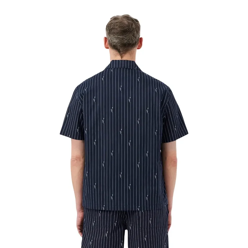 Lacoste Herrenhemd Schwarz Gestreift Baumwolle Kurze Ärmel V-Ausschnitt