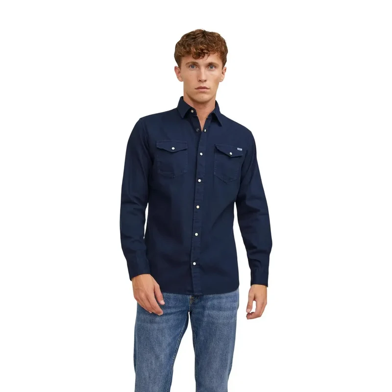 Jack Jones Herrenhemd Blau Baumwolle Langarm Klassisch JJESHERIDAN