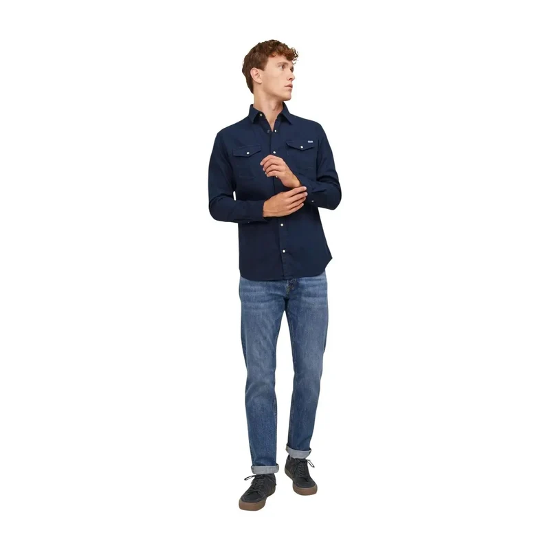 Jack Jones Herrenhemd Blau Baumwolle Langarm Klassisch JJESHERIDAN