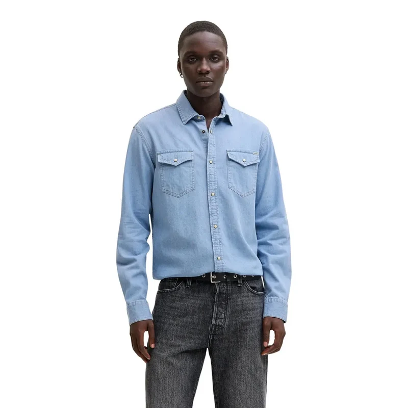 Jack Jones Herrenhemd Blau Baumwolle Langarm Klassisch JJESHERIDAN