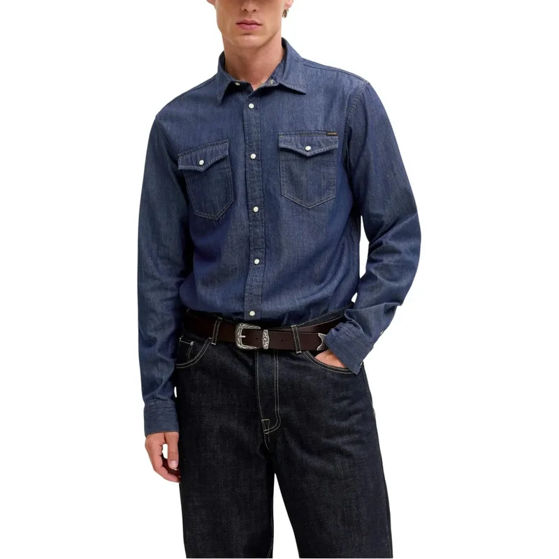 Jack Jones Herrenhemd Blau Baumwolle Langarm Klassisch JJESHERIDAN