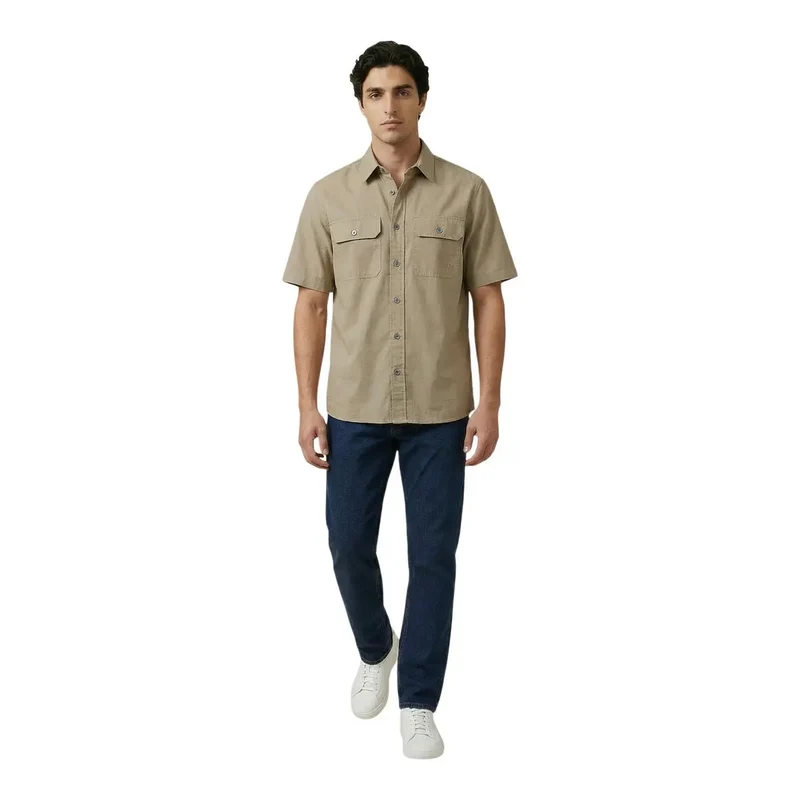 Armani Exchange Herrenhemd Beige Baumwolle Kurzarm mit Tasche