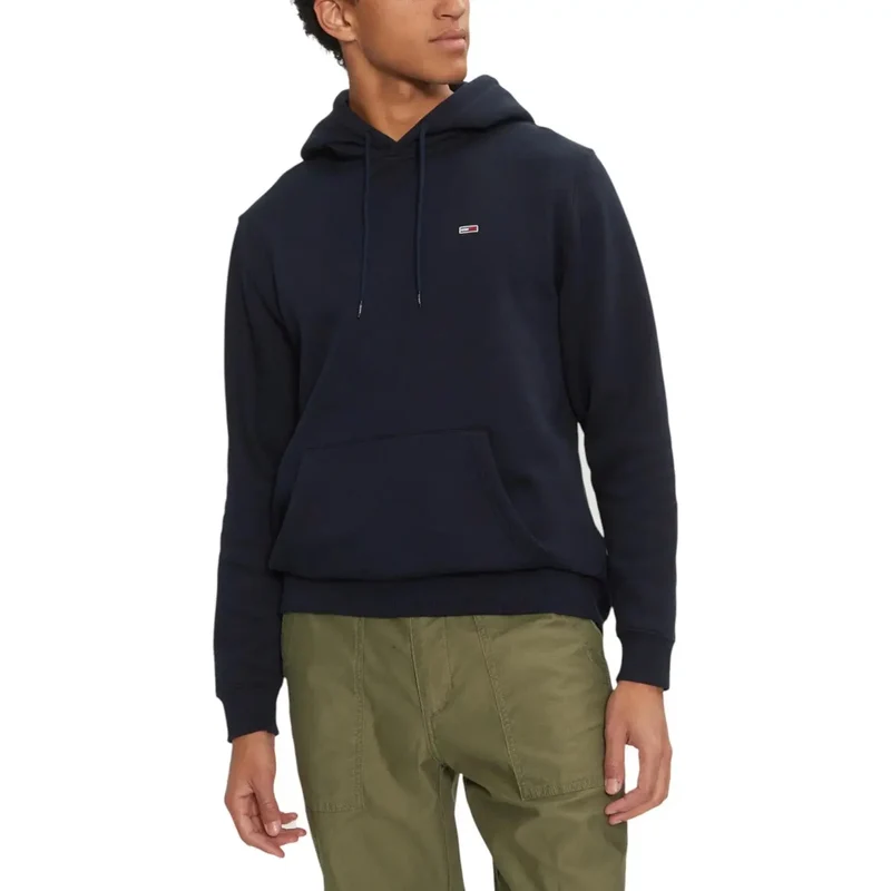 Schwarzes Langes Kapuzensweatshirt Tommy Hilfiger Jeans Herren Herbst Winter Sweatshirt mit Fronttaschen