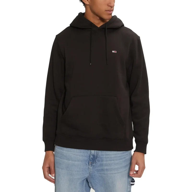 Schwarzes Langes Kapuzensweatshirt Tommy Hilfiger Jeans Herren Herbst Winter Sweatshirt mit Fronttaschen