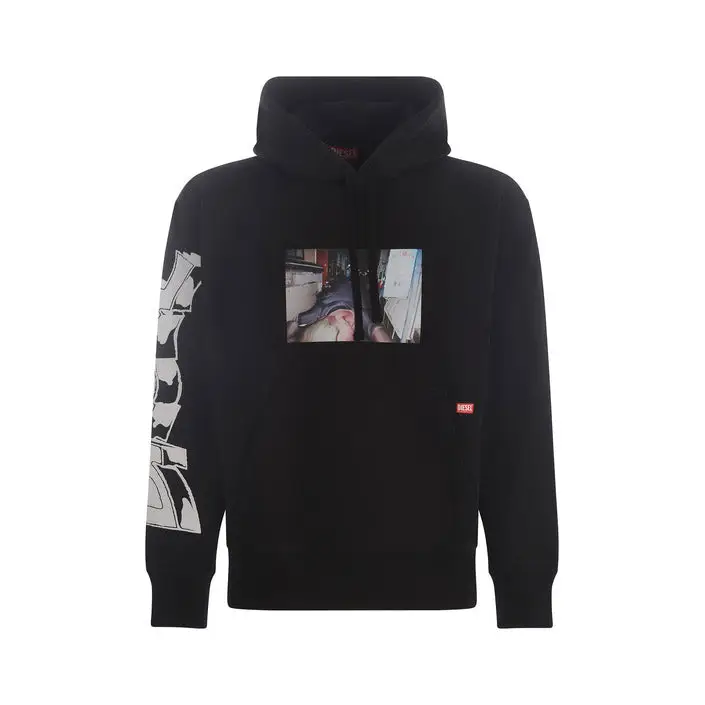 Schwarzes Sweatshirt mit Kapuze und Grafikdrucken
