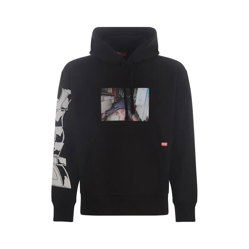 Schwarzes Sweatshirt mit Kapuze und Grafikdrucken