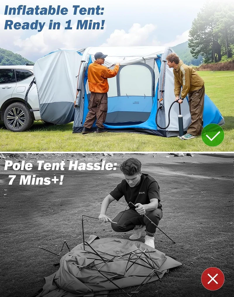 Inflatable SUV Tent with Pump 2.0, 30% More Space, Easy Set-up Car Tent for 6 Person Family Camping, Dual-Use for SUV or Ground Camping with 2 Awnings, Double Door, Fit for SUV Car Van