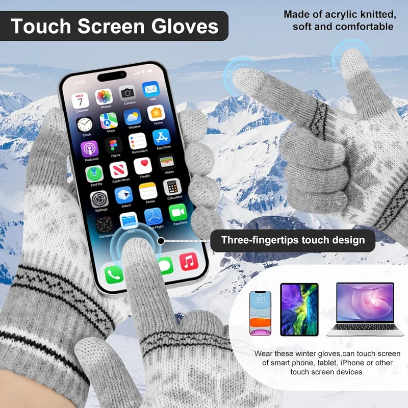 Grey Blue White 3-Pair Snowflake Touchscreen Gloves