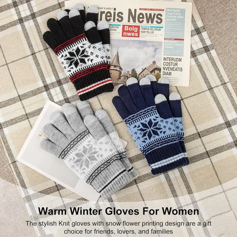 Grey Blue White 3-Pair Snowflake Touchscreen Gloves