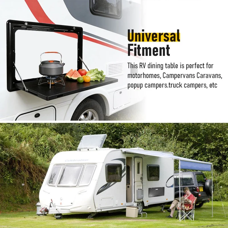 Folding Caravan Table – Lockable Space-Saving Portable Table for Camper, Motorhome & RV, 25kg Capacity, Black