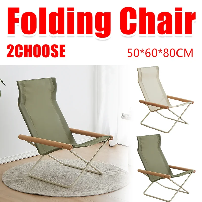 Green Folding Camping Chair with Solid Wood Armrests Carbon Steel Frame